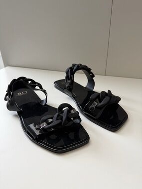 Jennifer Lopez Black Gloss Chain-Link Slide Sandals